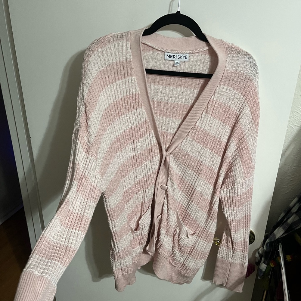 🧡 3X Pink and White Striped Women's Cardigan Sweater